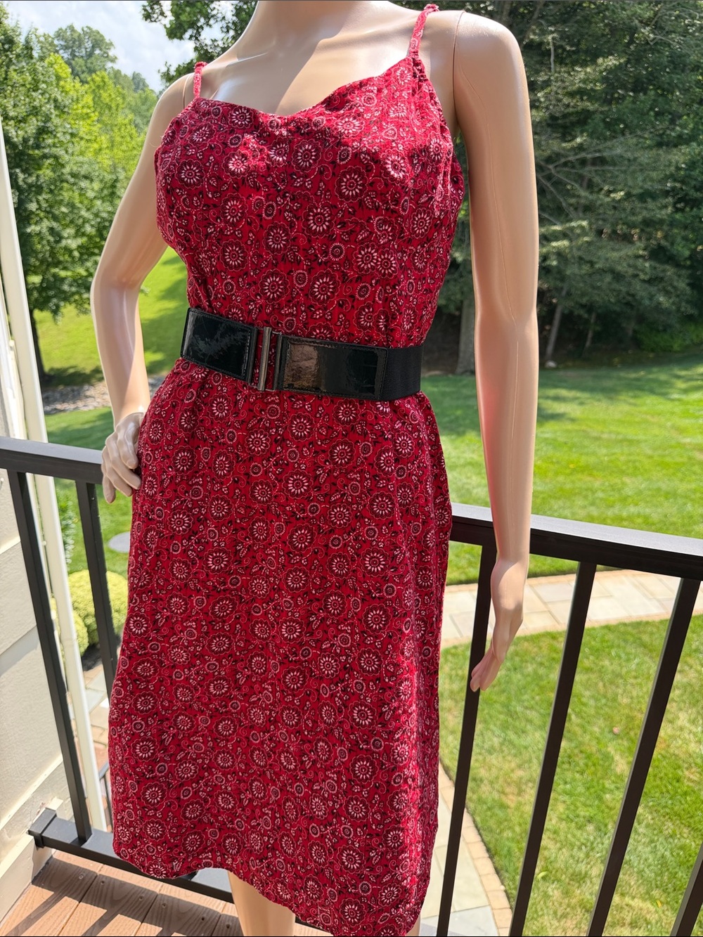 LOFT Red Floral Midi Dress with Spaghetti Straps